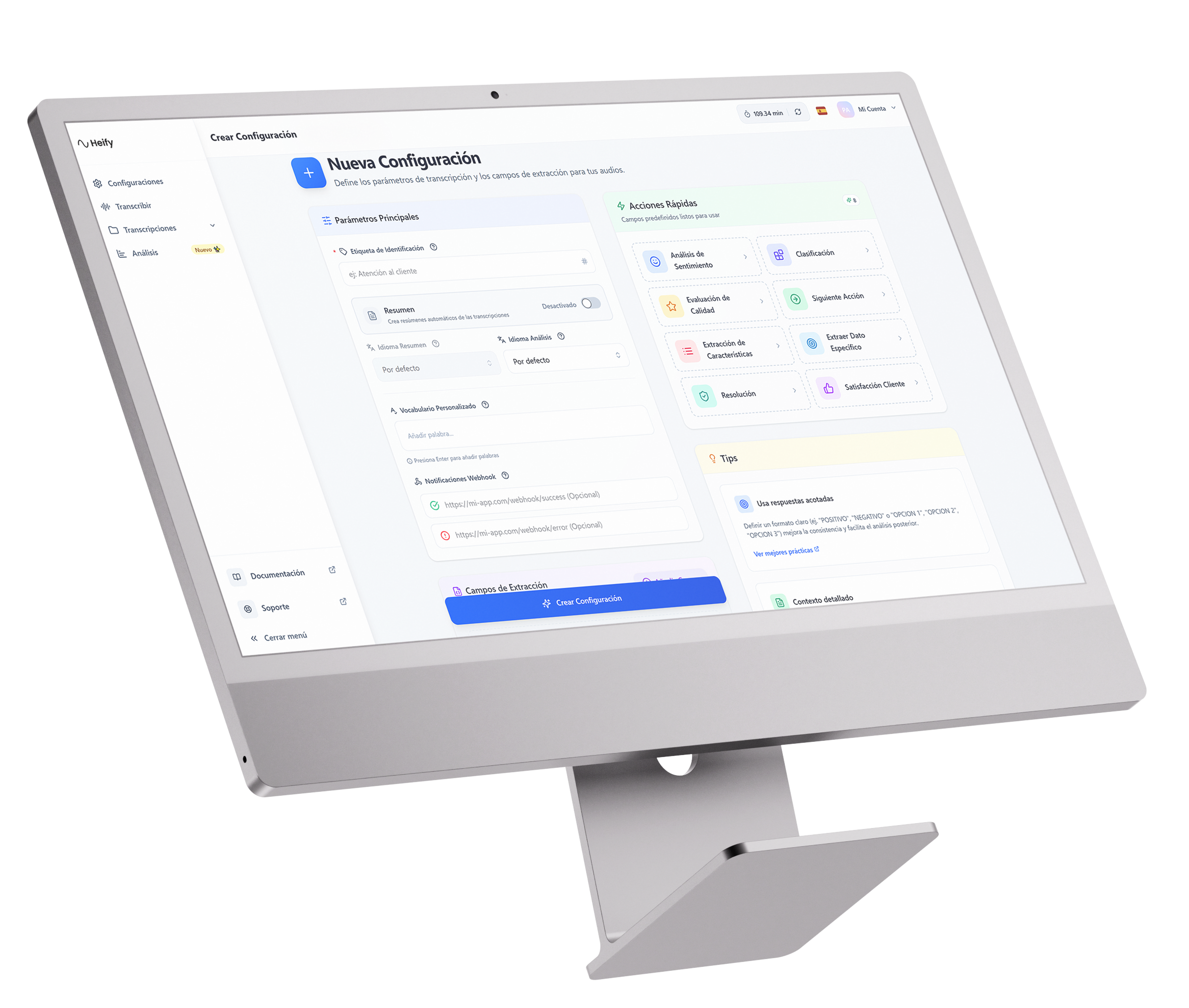 Vista previa del dashboard de análisis de audio